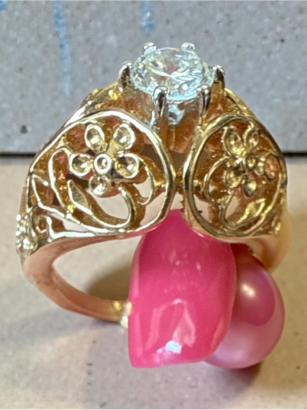 Vintage 14K KGE Floral Filigree CZ Cocktail Ring - Size 8